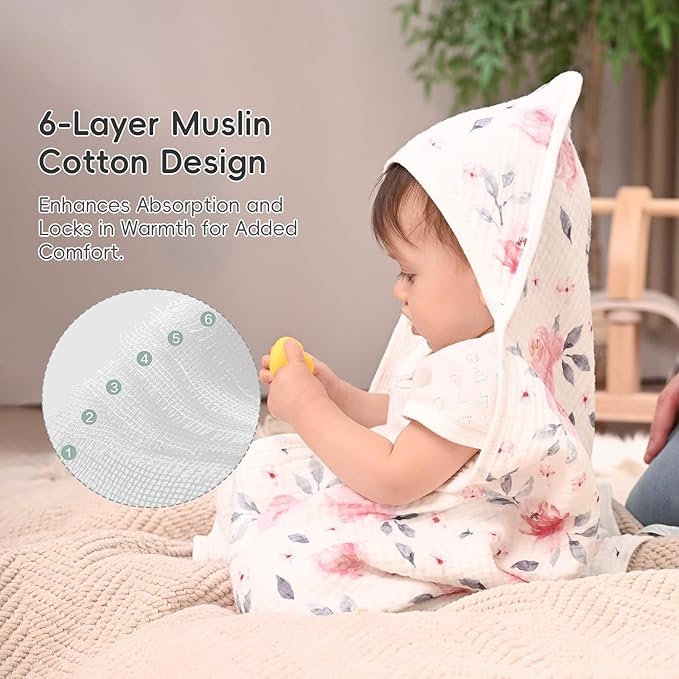 PHF 100% Muslin Cotton Baby Hooded Towels, 2 Pack Bath Towel with Hood for Newborn, Infant, Toddler, Ultra Soft and Absorbent Baby Bath Essentials, Shower Gifts for Girls, 32x32Inch, Pink Floral