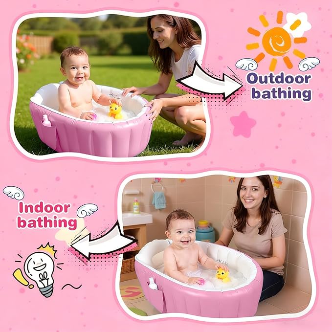 Inflatable Baby Bathtub, Collapsible Safe Baby Bath Tub, Portable Travel Shower Basin with Built-in Air Pump, Newborn to Toddler Bath Tub, Deflates and Folds Easily, Non-Slip (Pink)