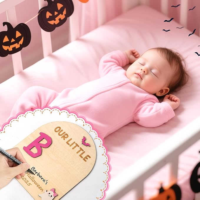 R HORSE DIY Halloween Footprint or Handprint Art Sign with Ink Pad, 3D Pink Pumpkin Newborn Milestone, Baby’s 1st Halloween Footprint Keepsake Craft Gift Our Little Boo Baby Shower Nursery Decor