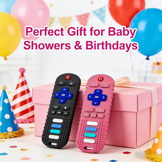 2-Pack Baby Teething Toys-TV Remote Control Shape Silicone Infants Teething Toys for Babies 0-18 Months,BPA-Free (Black+Pink)