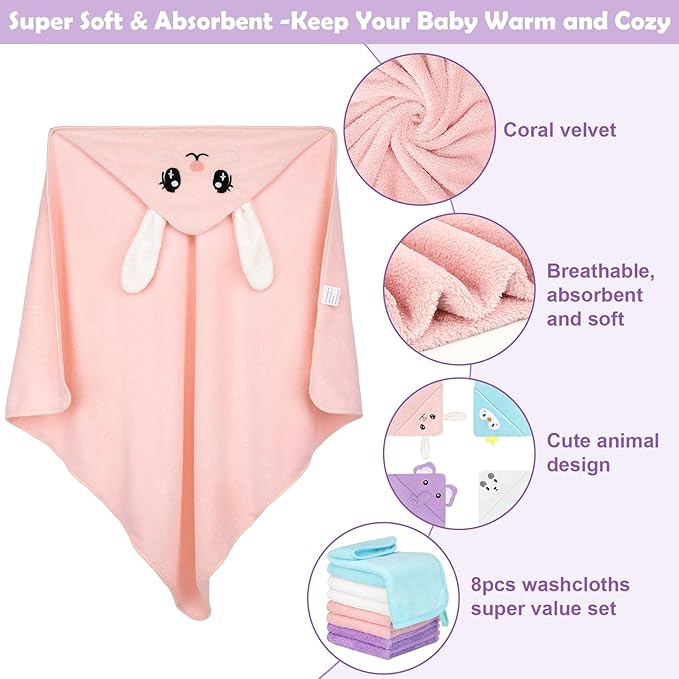 CandyHome 12 PCS Baby Bath Towels Set for Infants Toddlers, 4 PCS Animal Hooded Baby Towels & 8 PCS Washcloths Set, Ultra Absorbent Soft Cute Newborn Bath Essentials Gifts for Boys & Girls
