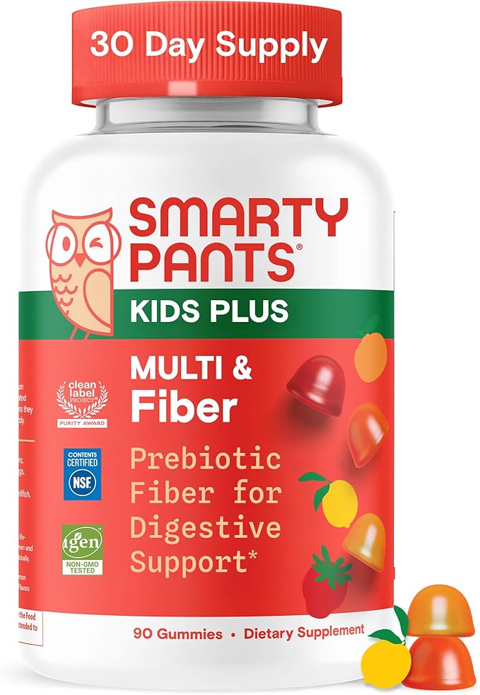SmartyPants Kids Multivitamin & Fiber Gummies: Prebiotic Fiber to Support Kids Digestion with Vitamin D3, C, Vitamin B12, B6, A, Zinc, Biotin, Folate, Three Fruit Flavors, 90 Count (30 Day Supply)