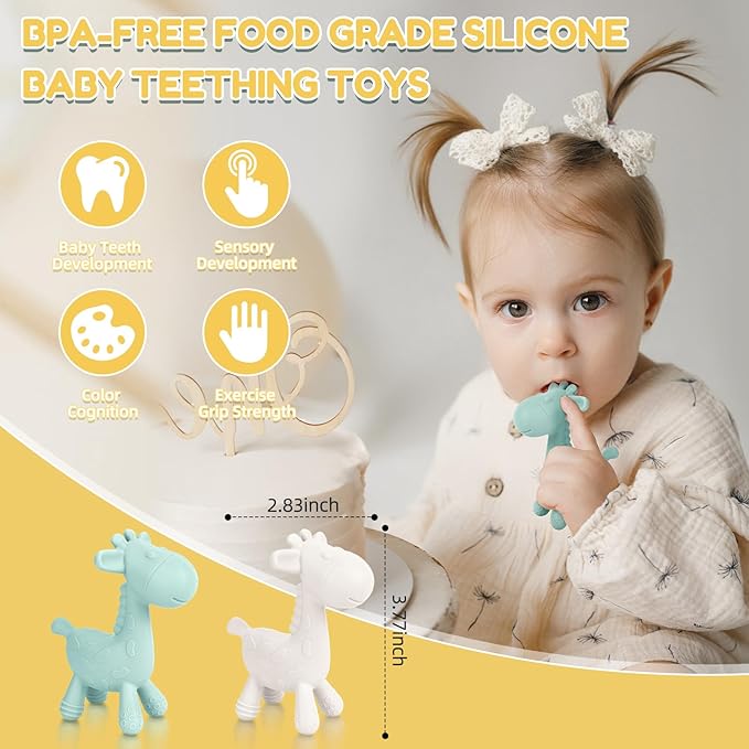 TYRY.HU Baby Teething Toys for Babies 0-6 6-12 Months,BPA Free Silicone Giraffe Teethers Toys, Soft-Textured Chew Toys, Montessori Sensory Toys for Boys Girls Teething Relief, 2 Pack