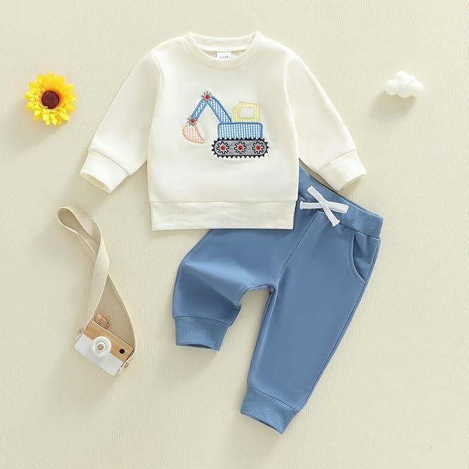 FOCUSNORM Toddler Baby Boy Fall Winter Outfit Excavator Embroidered Long Sleeve Sweatshirt Elastic Jogger Pant 2 Pcs Clothes