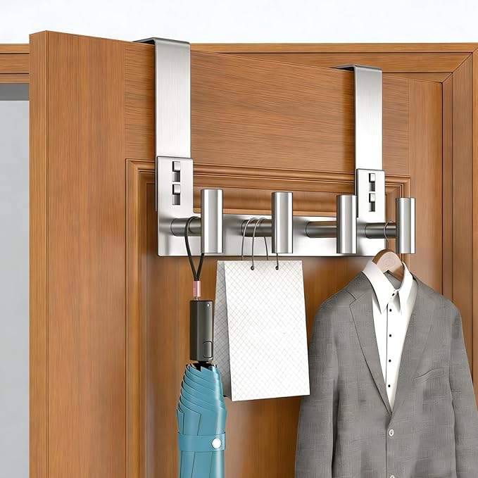 PMMASTO Over The Door Hooks, Fits 1-3/4" Thick Door No Drill Hooks for Closet Bathroom Bedroom Organization, Hanger for Coat Towel Robe (Silver, 4 T-Hooks)
