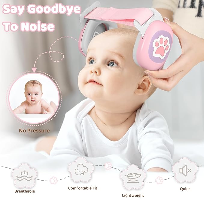Baby Headphones,Infant Noise Cancelling Earmuffs with Cat Paw Pattern,Infant Ear Protection for Babies 0-48 Months,Baby Travel Essentials for Airplane/Improves Sleep