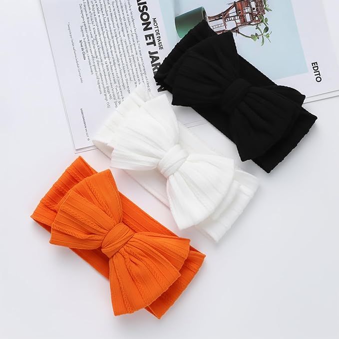 Halloween Baby Girl Bows Newborn Headband Stretchy Double Bows Soft Infant Toddlers (Black White Orange)