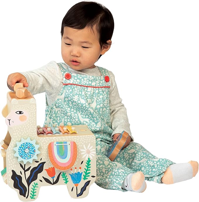 Manhattan Toy Musical Llama Wooden Instrument for Toddlers with Maraca, Clacking Saddlebags, Drumsticks, Washboard & Xylophone