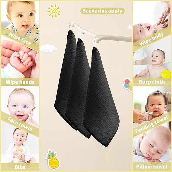 YETTASBIN Solid Black Muslin Baby Hand Washcloths, Soft Cotton Bath Face Towel, 4 Layers Extra Absorbent Feeding Burp Cloth for Newborn Infant Sensitive Skin, 5 Pack