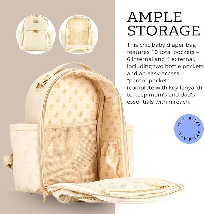 Itzy Ritzy Mini Diaper Bag Backpack – Chic, Compact Mini Plus Backpack with Changing Pad, 10 Pockets (6 Internal, 4 External), Grab-Top Handle & Rubber Feet (Milk & Honey)