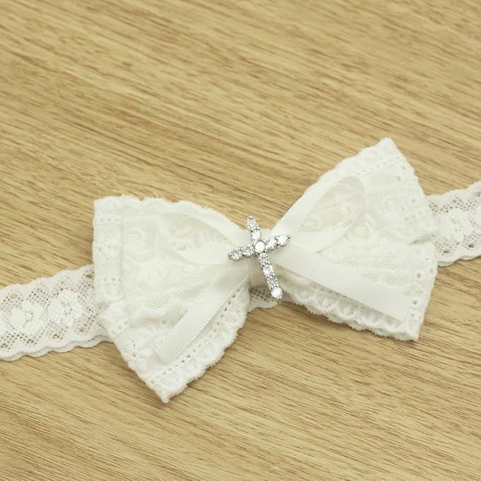 White Baby Bow Headband for Baptism Christening Satin Lace Hair Band with Cross for Toddler (B-white lace headband for baptism, 0-6 months)
