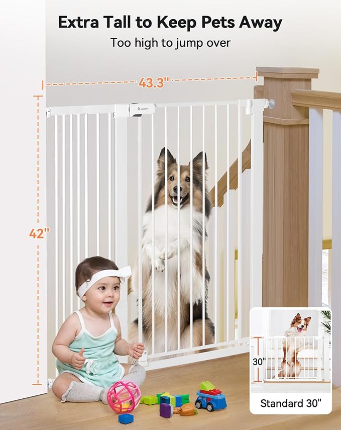COMOMY 42" Extra Tall Baby Gate for Stairs Doorways, Fits Openings 29.5" to 43.3" Wide, Auto Close Sturdy Safety Dog Gate for House, Pressure Mounted Easy Walk Through Pet Gate with Door, White