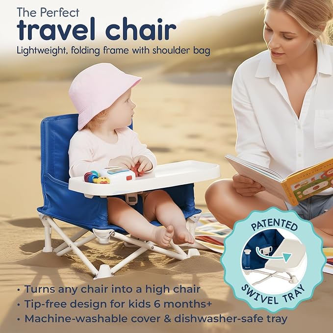 Hiccapop OmniBoost Travel Booster Seat with Tray for Baby | Folding Portable Baby Booster Seat for Dining Table, Camping, Beach, Grandma’s | Tip-Free Design Straps to Kitchen Chairs - Booster Chair