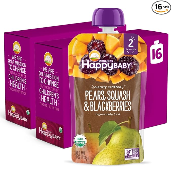 Happy Baby Organics Stage 2 Baby Food Pouches, Gluten Free, Vegan & Healthy Snack, Clearly Crafted Fruit & Veggie Puree, Pears, Squash & Blackberries, 4 Ounces (Pack of 16)