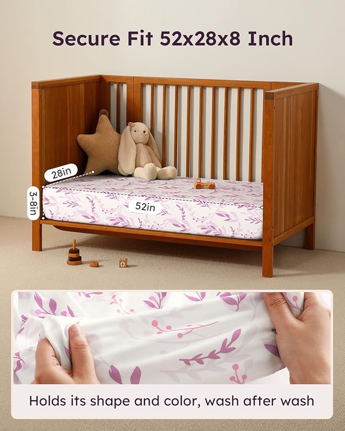 Baby Crib Sheets for Boys Girls, 28x52x8in Fitted Crib Sheet Neutral 3 Pack for Standard Crib and Toddler Mattress, Breathable Soft Microfiber Baby Sheet Purple Leaf