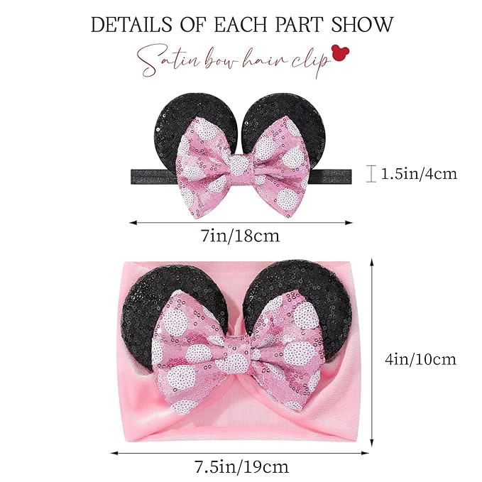 choicbaby Baby Girl Headbands Mouse Ears Headwrap with Sequin Polka Dot Bow Soft Stretchy Nylon Hair Bands for Newborn Infant Baby Toddler Girls- Pack of 2