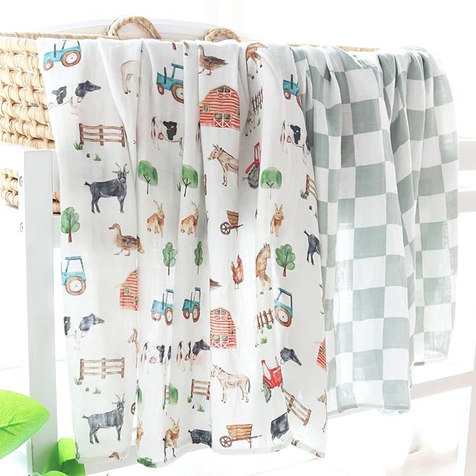 LifeTree Muslin Swaddle Blankets, Farm Animals Baby Swaddling Wrap Nursery Receiving Blanket for Boys & Girls, Soft 70% Viscose from Bamboo and 30% Cotton, Large 47 x 47 inches