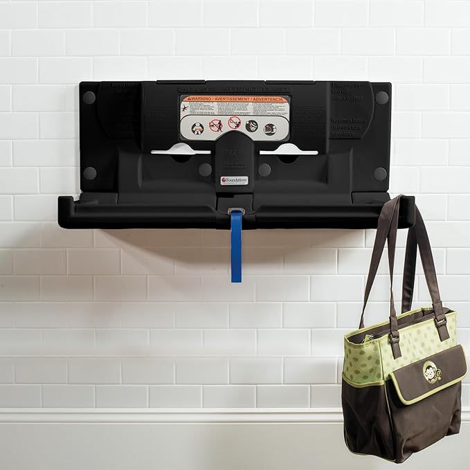 Foundations Classic Horizontal Baby Changing Station w/EZ Mount Backer Plate, Wall Mounted, One Handed Adjustable Safety Strap & Liner Dispenser, Black (100-EH-BP-02)