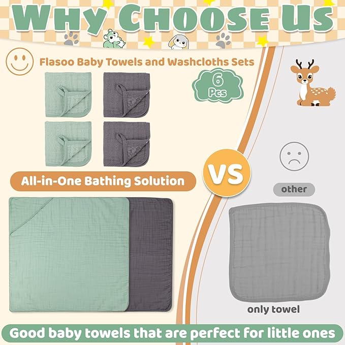 6 Pcs Muslin Hooded Baby Bath Towels Sets - 2 Pack 100% Cotton Baby Towel & 4 Pack Muslin Washclothes- 32x32Inch Baby Towels Cotton for Babies, Infants, Toddlers, 100% Cotton, Bath Essentials