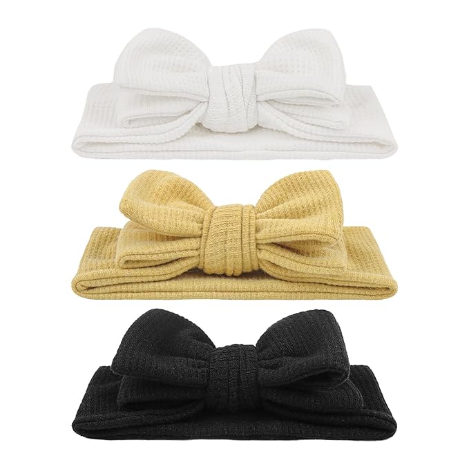 YanJie Baby Headbands Bows for Girls - Stretchy White Headbands Knot Toddler Hair Bows - Baby Shower Gifts - 3 Pack (Pack of 3)