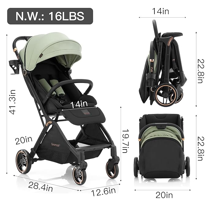 Gravity Folding Baby Stroller - Portable Travel Toddler Stroller w/Adjustable Backrest, Canopy & Cup Holder, Lightweight and UV Protected, One-Hand Automatic Folding - Green