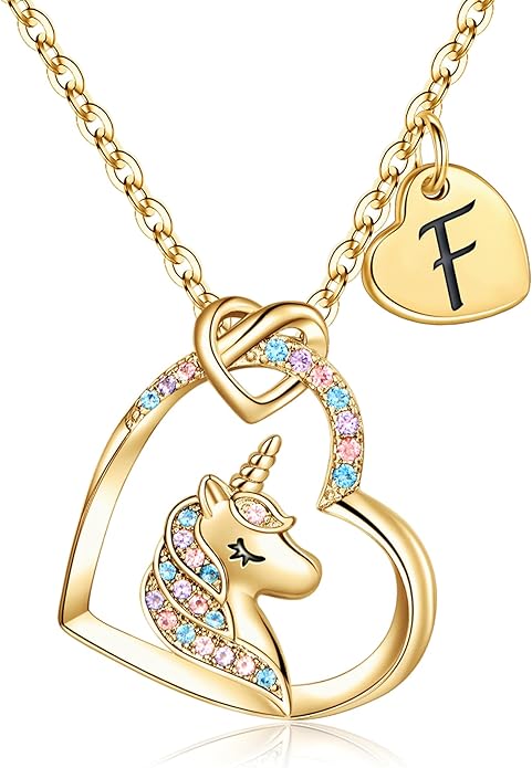 Hidepoo Valentines Gifts for Kids Girls - Unicorn Necklace Gifts for Teen Girls Kid, Colorful CZ Heart Pendant Initial Unicorn Necklaces for Girl Jewelry Birthday Gift for Girl Kid