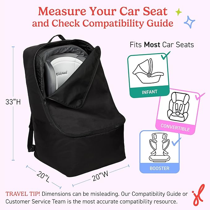 J.L. Childress Padded Backpack Car Seat Bag - Travel Bag for Airplane, Fits Most Baby & Infant Car Seats, Boosters, & Carriers, Accessories for Gate or Baggage Check, AirTag Compatible - Deluxe, Black