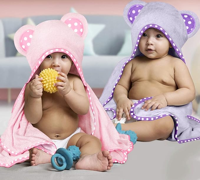 Set of 2 Hooded Baby Towels – Purple and Pink – Luxurious, Large and Super Absorbent – 35 x 35 Inch – Soft and Suitable for Infants, Toddlers and Kids – 400 GSM