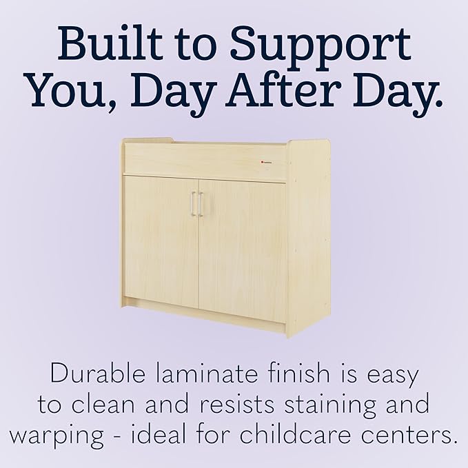 Foundations SafeSwing Daycare Changing Table, Formerly SafetyCraft - Durable Wood Cabinet with 2 Built-in Shelves - Storage w/Soft Close Hinges, Includes Durable Mattress Pad, Natural