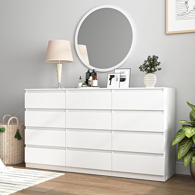 White 12 Drawer Dresser for Bedroom,Modern Long Deep Drawer Dresser,Wood Storage Chest of Drawer, Storage Organizer Drawers for Bedroom
