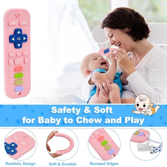 Baby Silicone Teething Toys, Simulation TV Remote Control Shape Teether Toys for Toddlers 3-18 Months, Boys Girls Baby Teething Toys, Babies Chew Toys, Freezer BPA Free, Pink