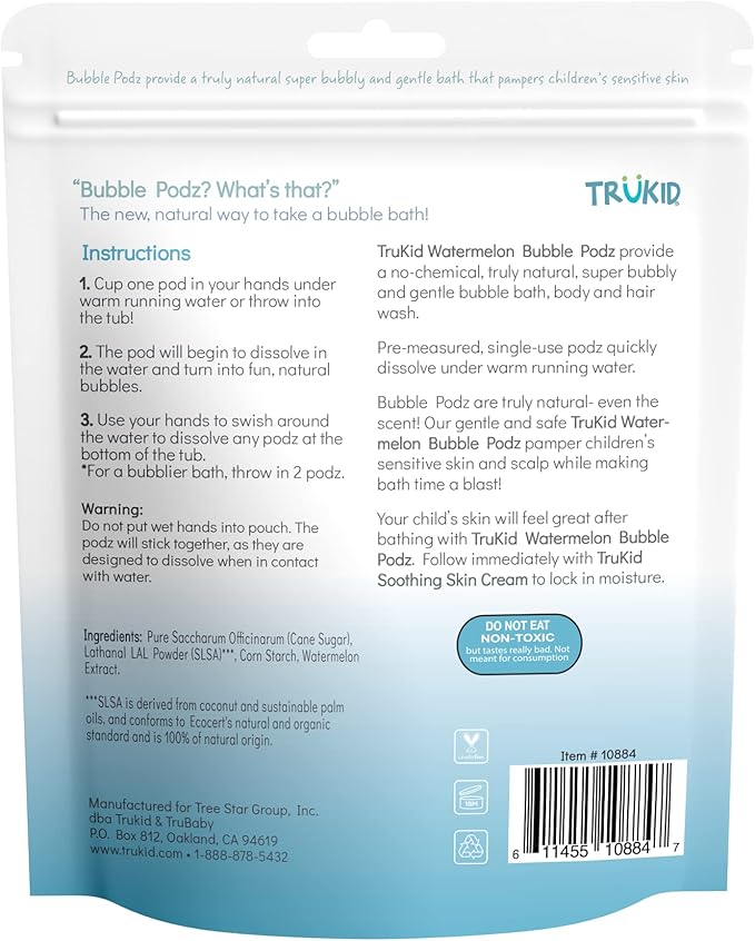 TruKid Bubble Podz Bubble Bath for Kids, Toddlers, & Babies, Tear Free Gentle & Refreshing Bath Bomb for Sensitive Skin with Natural Moisturizers, Non-Toxic, pH Balanced, Watermelon Scent (24 Podz)