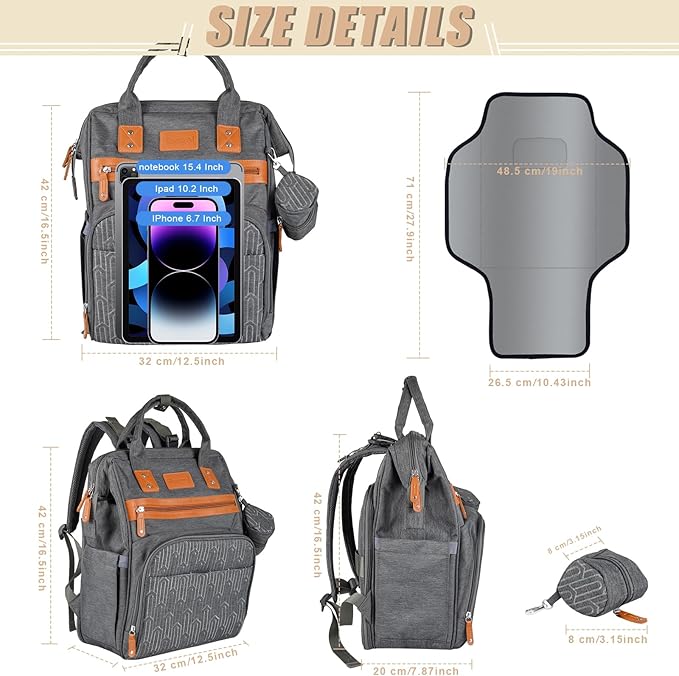 Diaper Backpack with Changing Pad, Baby Diaper Bag for Mom & Dad with Multipurpose Pockets, Large Stylish Baby Bag for Boy, Girl, Toddler (Dark Grey)