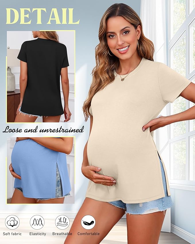Ficerd 3 Pack Women's Maternity T Shirts, Short Sleeve Side Split Pregnancy Tops Casual Crew Neck Pregnant Tees Mama Clothes