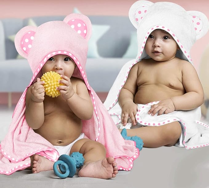 Set of 2 Hooded Baby Towels – White and Pink – Luxurious, Large and Super Absorbent – 30 x 30 Inch – Soft and Suitable for Infants, Toddlers and Kids – 400 GSM