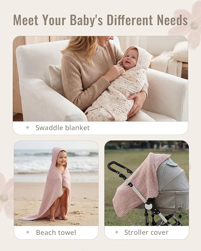 Blissful Diary Muslin Baby Hooded Towel 2 Pack, Soft & Absorbent Bath Towel for Baby Girls, Infant Gift, Newborn Essentials, Pink Floral & Light Pink
