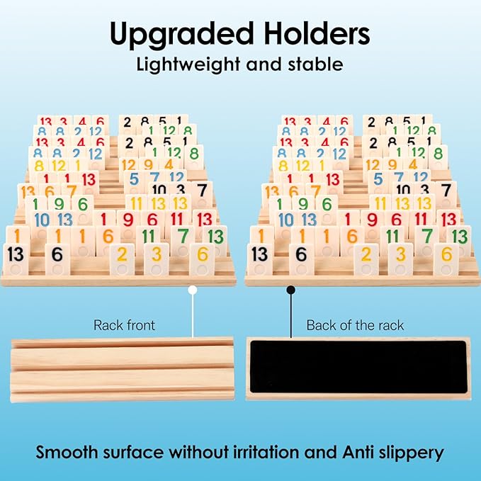 Upgraded Rummy Cube Game 6-8 Players with Portable Travel Case, 240 Melamine Rummy Tiles & 8 Wooden Holders, Classic Family Strategy Board Game for Adults Kids