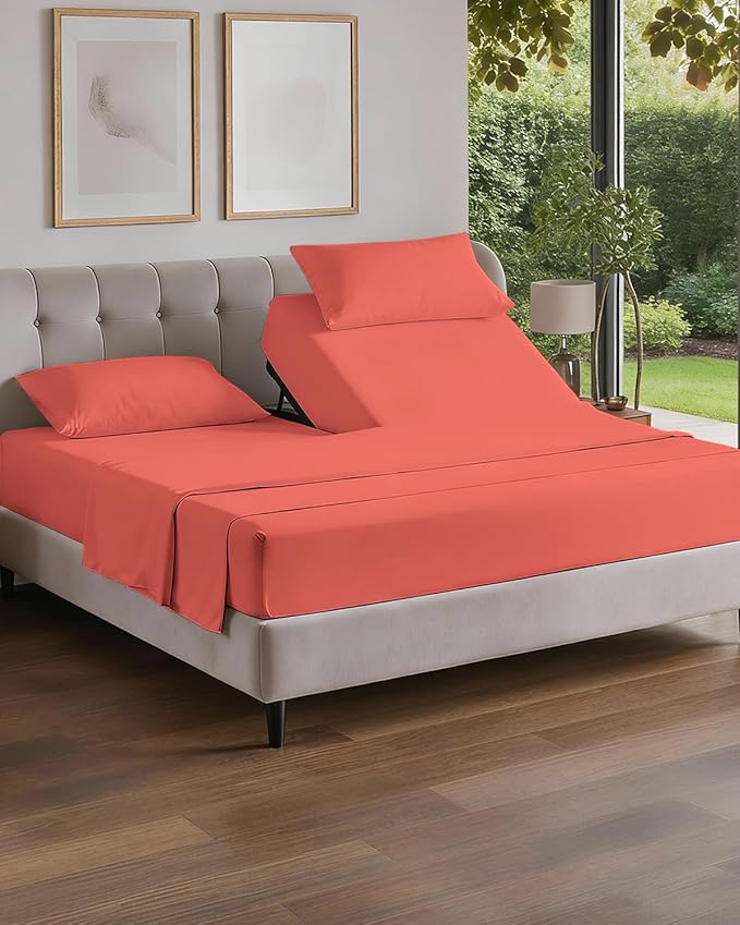 Flex Top Split Head King 4 Piece Sheet Set - Comfy Breathable & Cooling Bed Sheets Set - Hotel Luxury Bedding for Women, Men, Kids, Teens, Boys & Girls - Deep Pockets, Ultra-Soft - Oeko-Tex - Coral