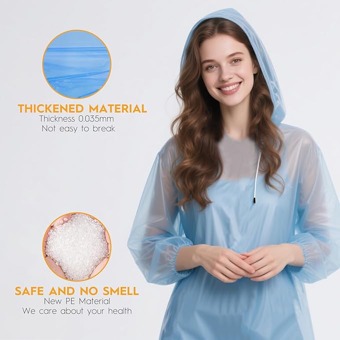 6 & 20 & 50 Pack Disposable Rain Ponchos for Adults/Youth, Waterproof PE Raincoats with Drawstring, Camping/Emergency