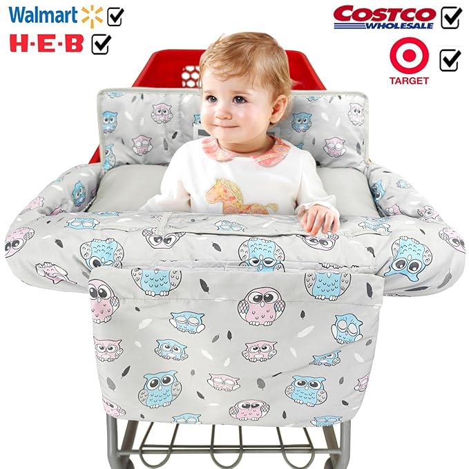 Love&go Soft Pillow Attached 2-in-1 Shopping Cart and High Chair Cover for Baby, Cotton Padded Cart Cover, Fold'n Roll Style, Portable with Carry Bag (Gray Owl)