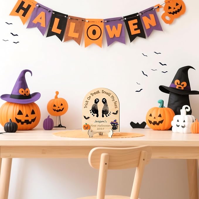R HORSE DIY Halloween Footprint or Handprint Art Sign with Ink Pad, 3D Newborn Pumpkin Wooden Milestone with Marker Pen, Baby’s 1st Halloween Footprint Keepsake Craft Gift Baby Shower Nursery Decor