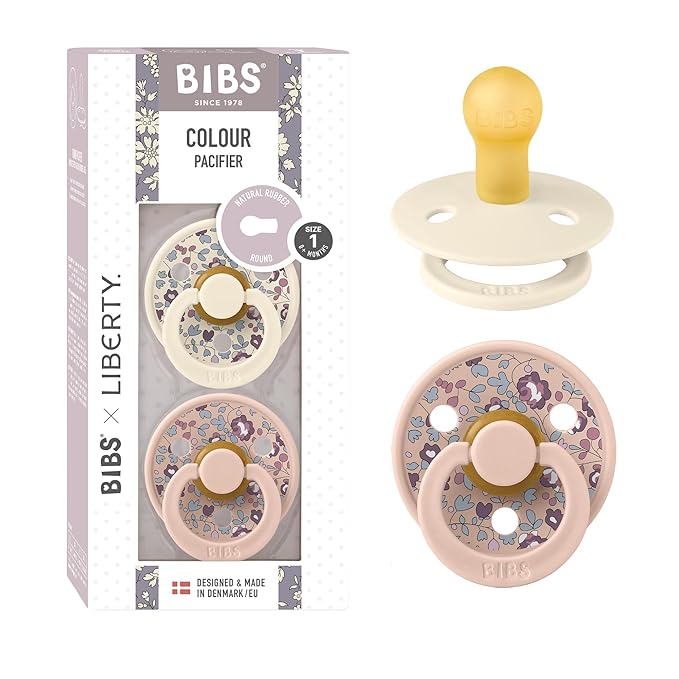 BiBS Liberty Pacifier 2-Pack, BPA Free Pacfiers with Natural Latex Round Nipple, Made in Scandinavia, Size 1 (0-6 Months), Eloise Blush