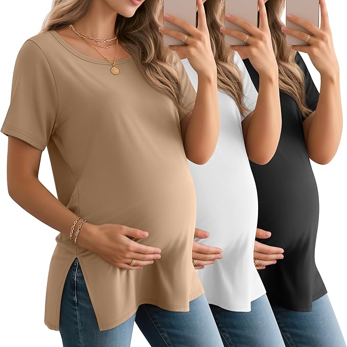 3 Pack Women's Maternity Shirts Short Sleeve Round Neck Side Split Pregnancy Tops Loose Summer Casual Mama Clothes
