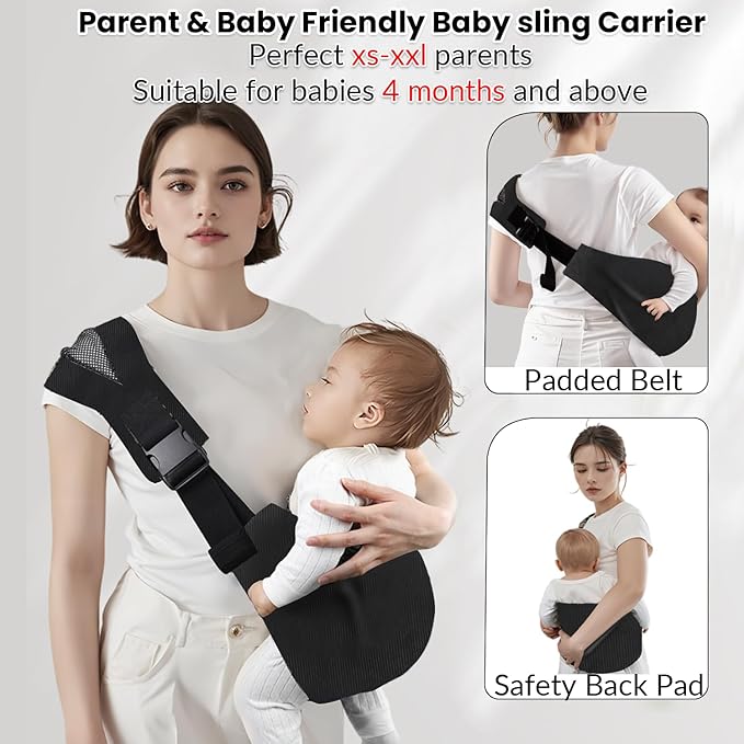 Baby Sling Carrier for Toddler, Baby Sling, Adjustable Front & Back with Non-Slip Hip Seat, Portable Lightweight & Breathable Ergonomic Design, Travel-Friendly Safe Carrier for 10-60 lbs (Black)