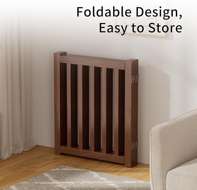 4-Panel Solid Wood Dog Gate - Freestanding Folding Pet Gate for Doorways, Stairs, Indoor, 24" Height, No Installation Needed, Walnut