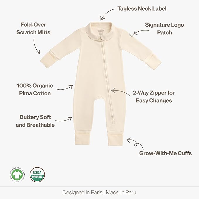 MON CHOU 100% Organic Pima Cotton Baby Pajamas | 2-Way Zipper, Convertible Footie & Mittens | Unisex - Sizes 0–18 Months