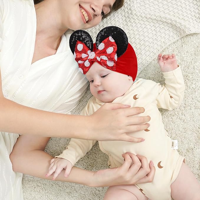 choicbaby 3 PCS 5 Inches Mouse Ears Sequin Bow Nylon Hairband with Polka Dot Cute Baby Headbands Soft Hairbands Hair Accessories for Newborn Infant Toddler Party Supplies