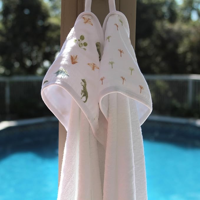 aden + anais Essentials Hooded Baby Bath Towel, Super Soft 100% Cotton, 2 Pack, Dino Jungle