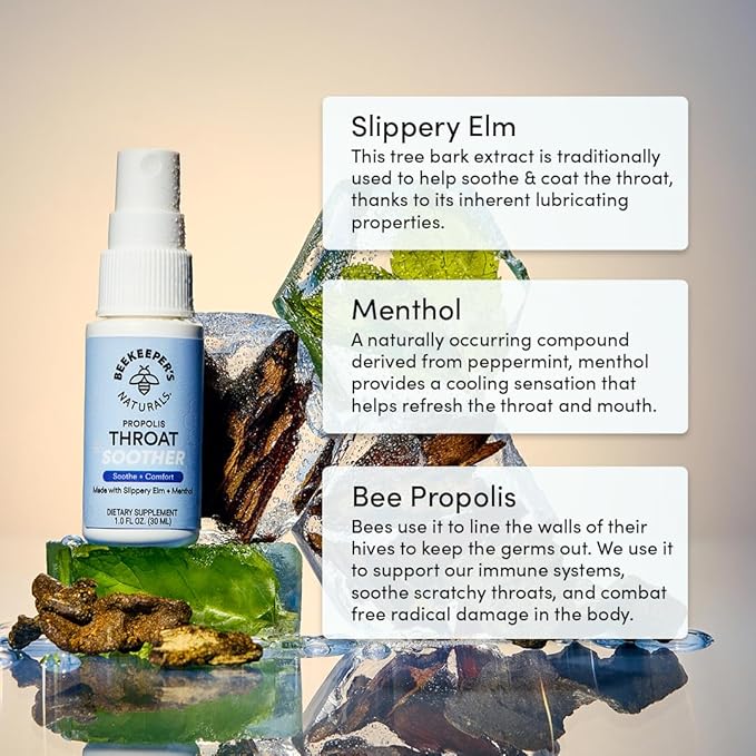 Propolis Throat Soother by Beekeeper's Naturals – Maximum Throat Relief w/ Menthol, Slippery Elm, Bee Propolis Extract – Fast-acting & Cooling Comfort (1.0 oz)(Pack of 1)