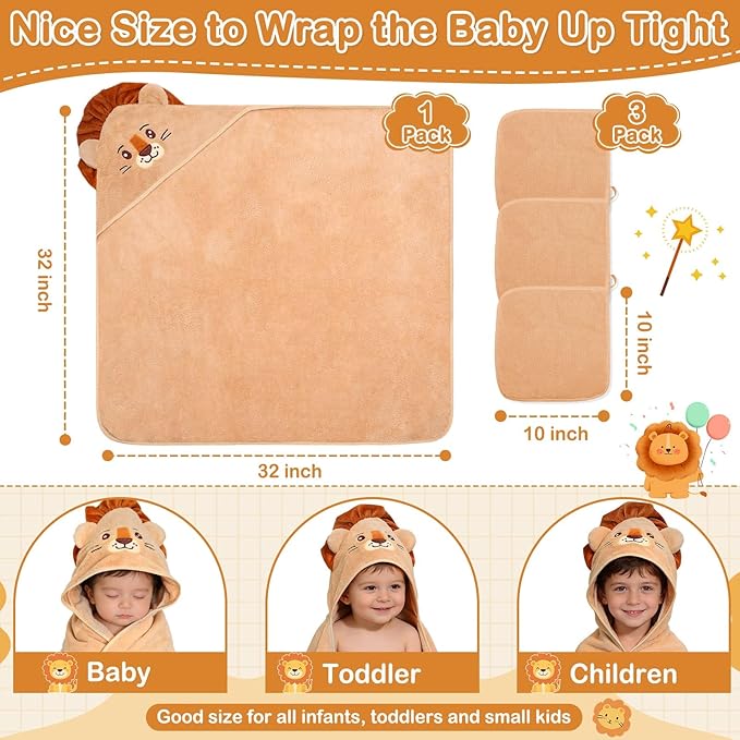4 Pcs Baby Towels and Washcloths Set, Soft Hooded Bath Towel, 1 Baby Towel and 3 Baby Washcloths for Newborns, Toddlers, and Kids, 32x32 inch Baby Towel with Hood for Boy and Girl (Brown Lion)